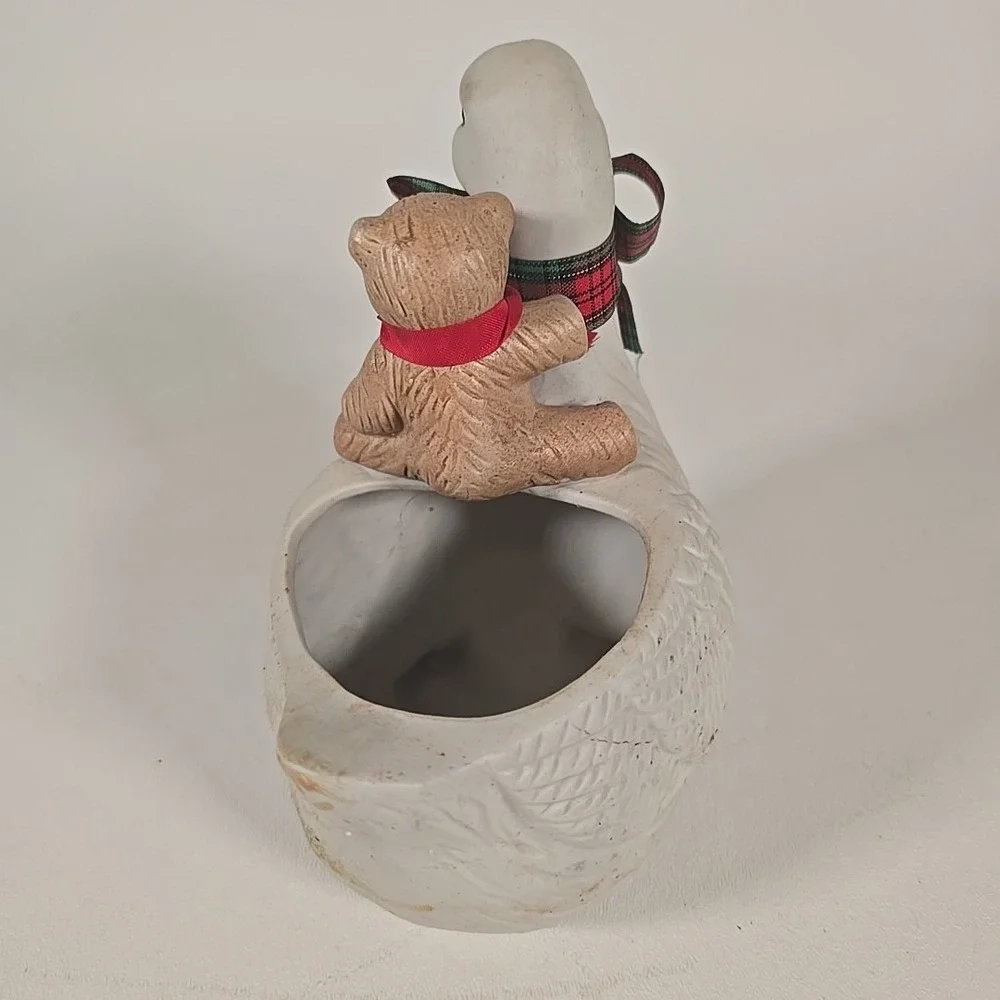 Vintage Ceramic Teddy Bear on‎ Goose Back Bows Candy Dish Planter Trinket Holder